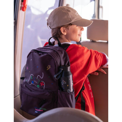 Lil Bunnies - The Collective gaming backpack in black with controller graphics worn by a child in a red sweatshirt