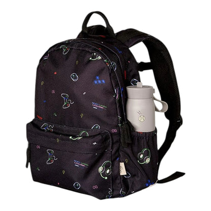 Lil Bunnies - The Collective medium gaming backpack in black with colourful video game controller pattern and side pocket