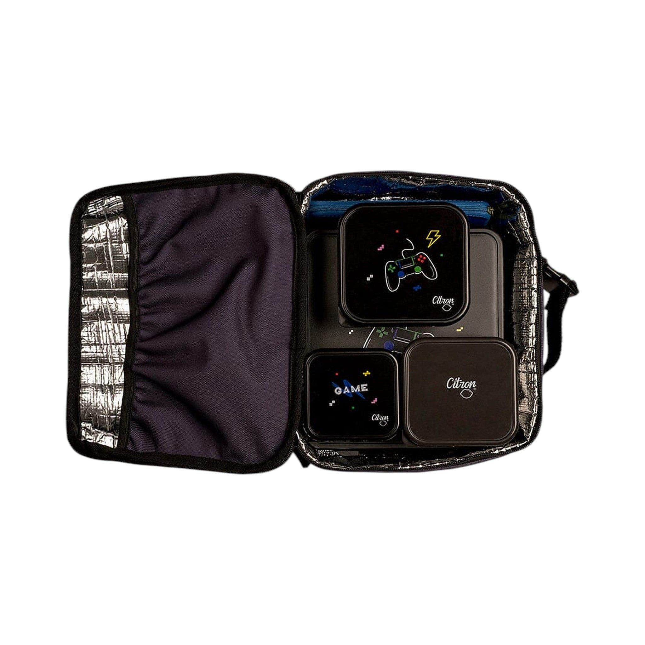 Lil Bunnies - The Collective insulated square lunch bag with gaming-themed containers inside on a white background