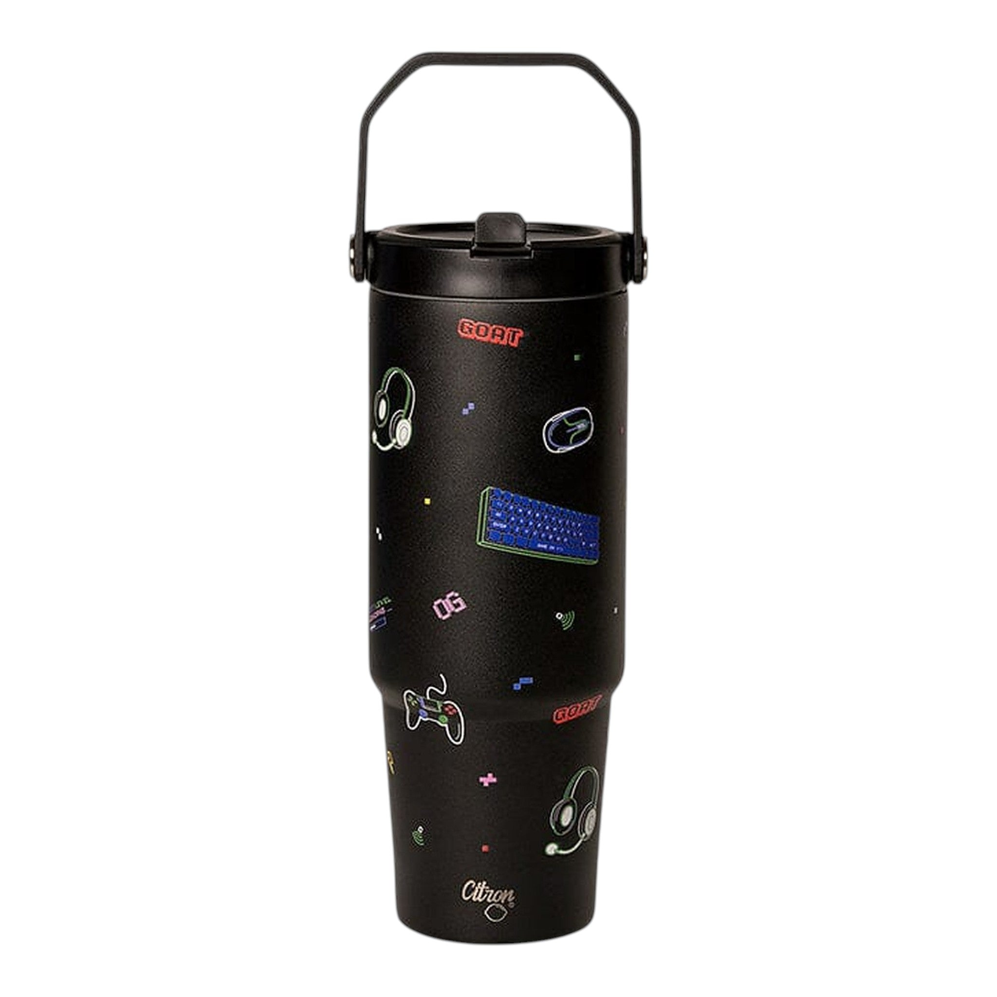 Lil Bunnies - The Collective 900ml black insulated tumbler featuring colourful gaming-themed stickers and a handle.