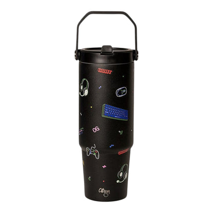 Lil Bunnies - The Collective 900ml black insulated tumbler featuring colourful gaming-themed stickers and a handle.