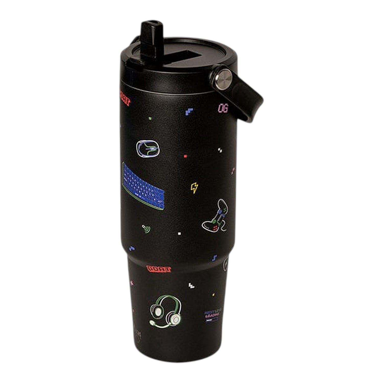 Lil Bunnies - The Collective 900ml black insulated tumbler featuring colorful gaming icons and a straw lid.