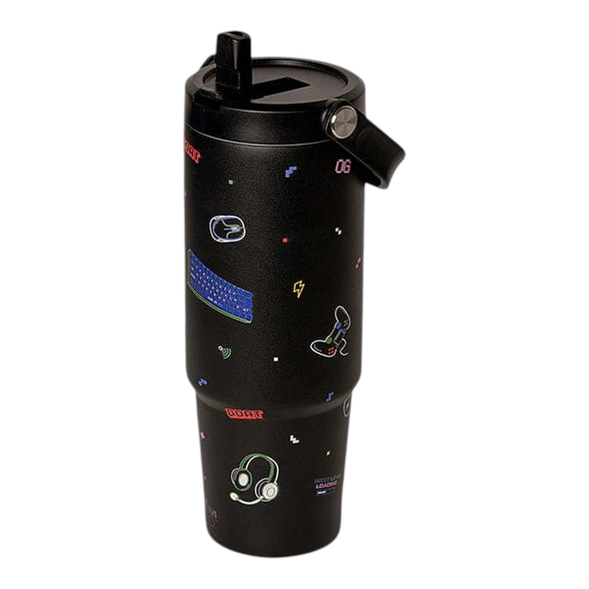 Lil Bunnies - The Collective 900ml black insulated tumbler featuring colorful gaming icons and a straw lid.