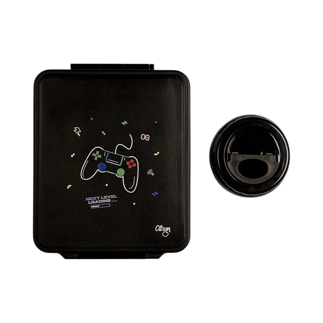 Lil Bunnies - The Collective gaming-themed black lunchbox with matching insulated food jar and controller graphic