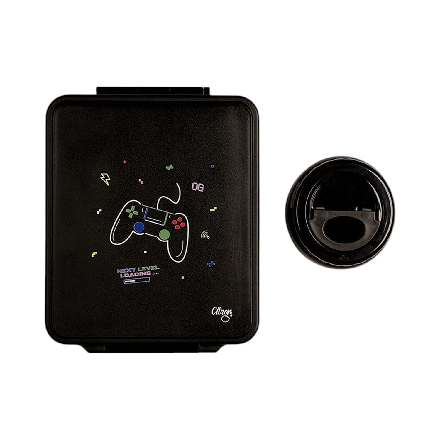 Lil Bunnies - The Collective gaming-themed black lunchbox with matching insulated food jar and controller graphic