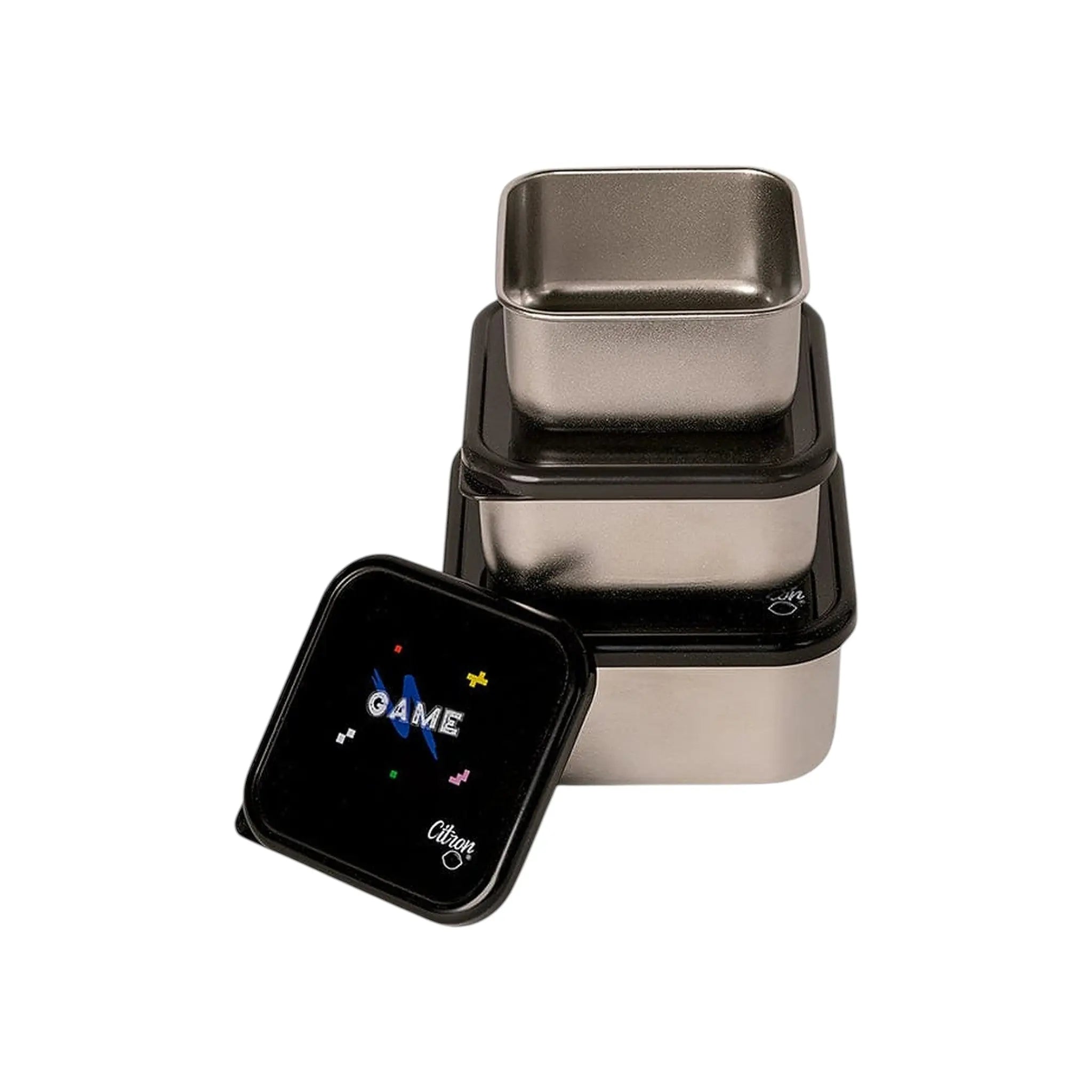 Lil Bunnies - The Collective stainless steel stackable lunchbox set with black lids featuring gaming graphics