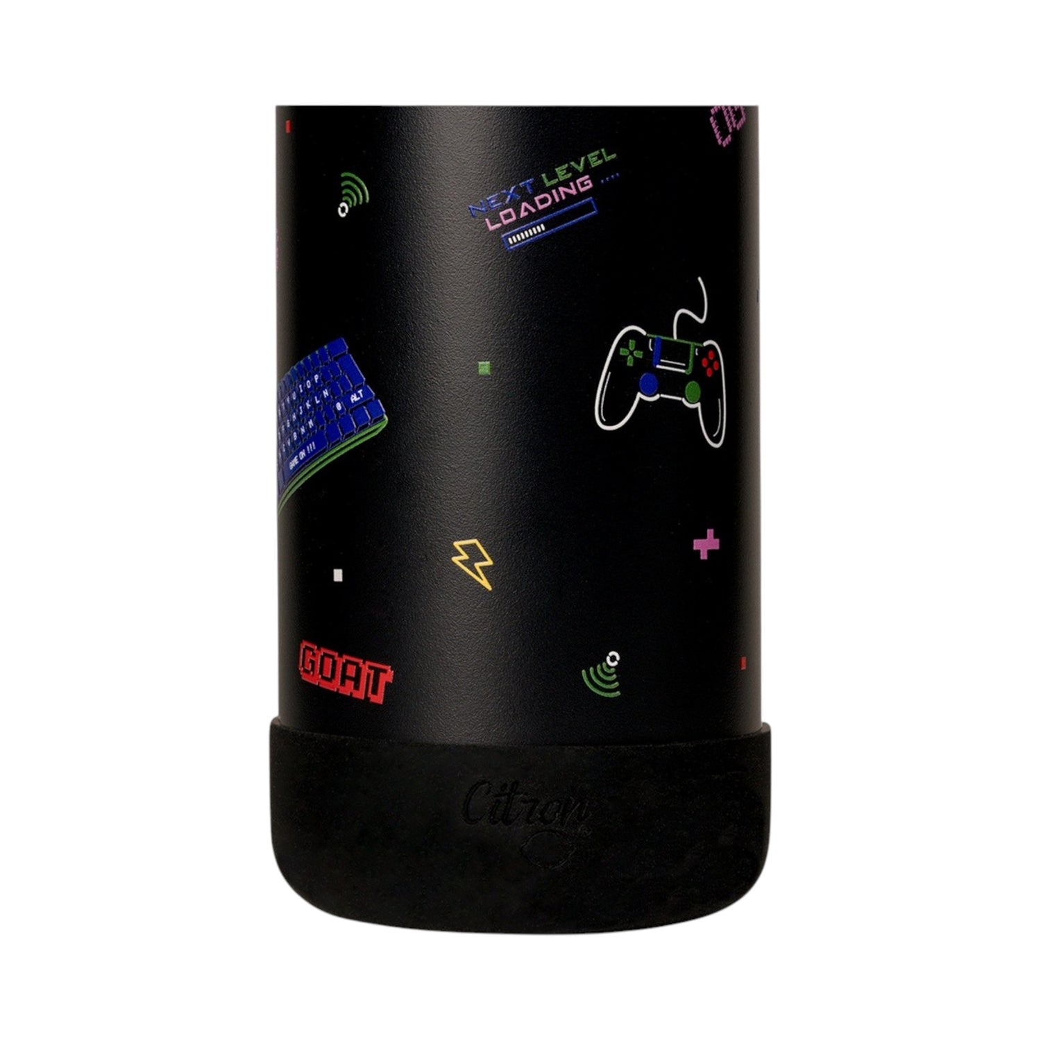 Lil Bunnies - The Collective 750ml black gaming water bottle with colorful video game icons and text graphics