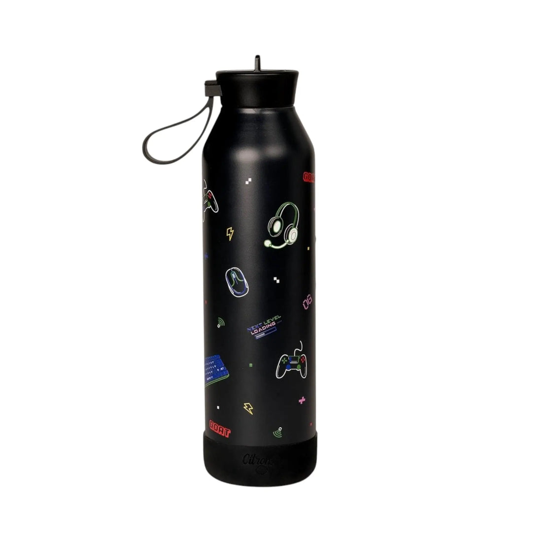 Lil Bunnies - The Collective 750ml black gaming water bottle with neon-style controller and headset icons