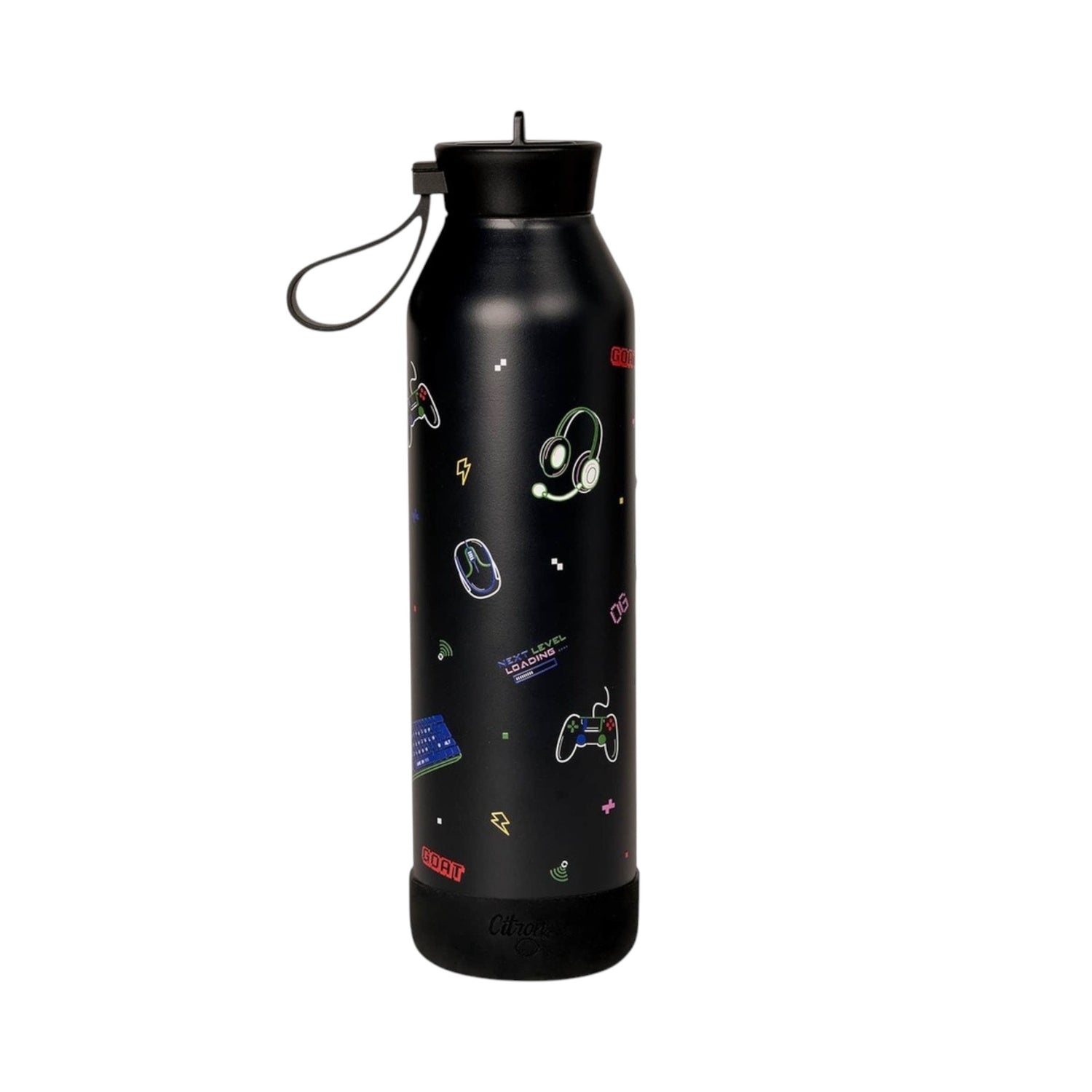 Lil Bunnies - The Collective 750ml black gaming water bottle with neon-style controller and headset icons