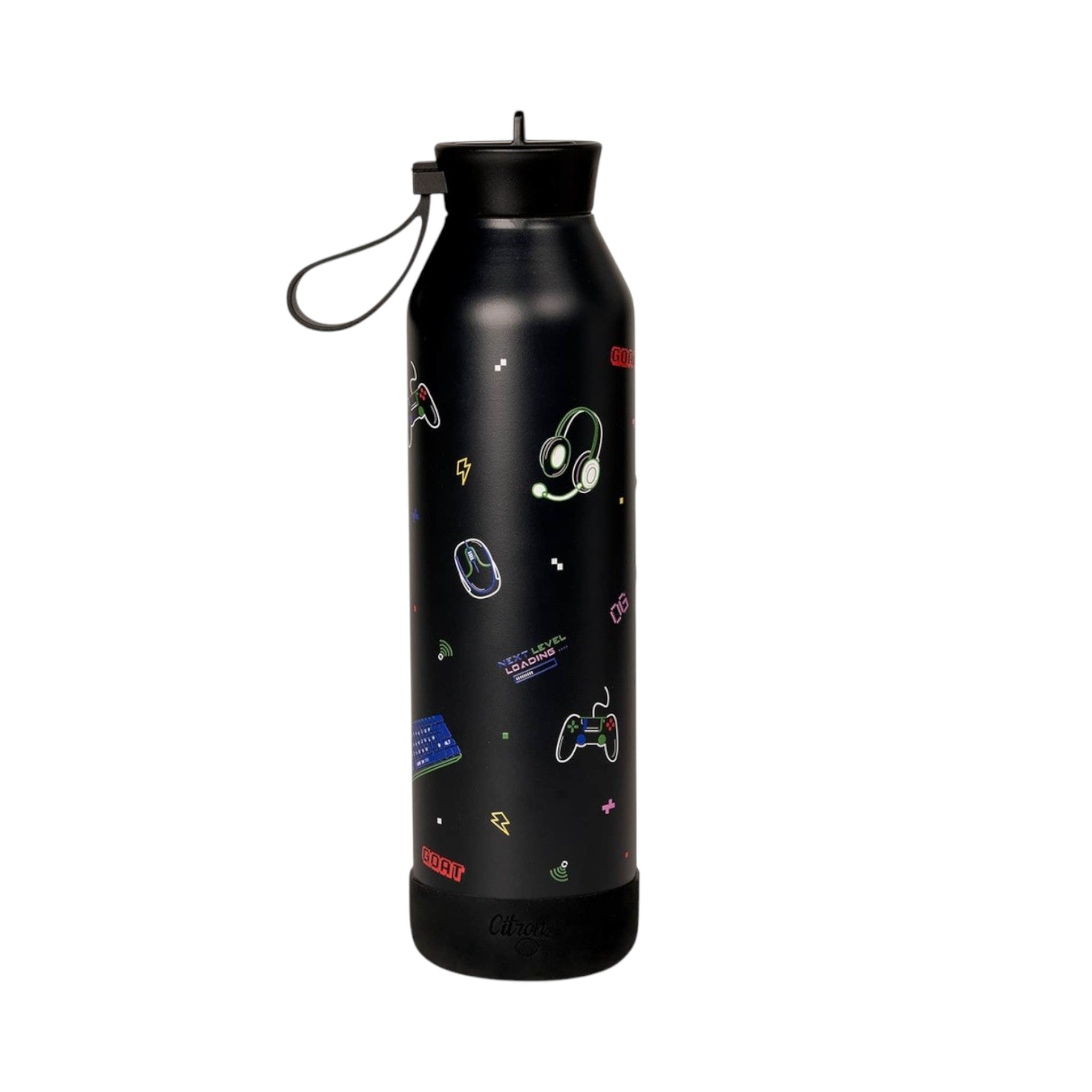 Lil Bunnies - The Collective 750ml black gaming water bottle with neon-style controller and headset icons