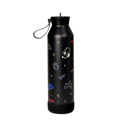 Lil Bunnies - The Collective 750ml black gaming water bottle with neon-style controller and headset icons