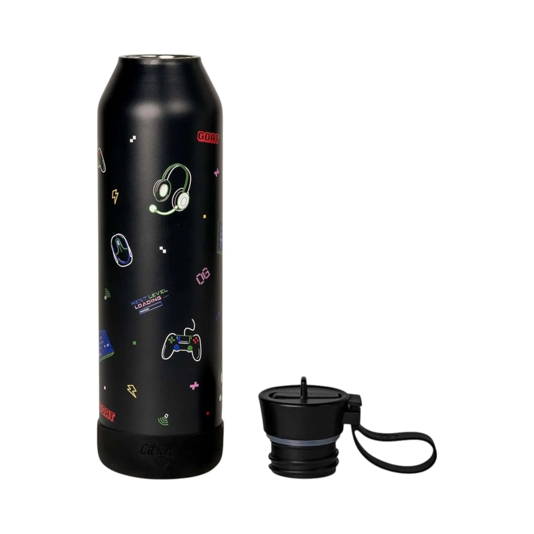 Lil Bunnies - The Collective 750ml black stainless steel water bottle with gaming icons and a detachable lid