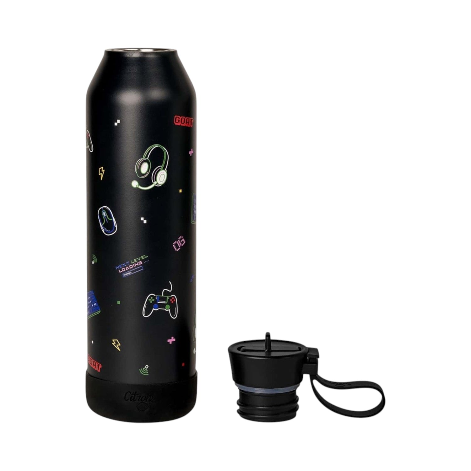Lil Bunnies - The Collective 750ml black stainless steel water bottle with gaming icons and a detachable lid
