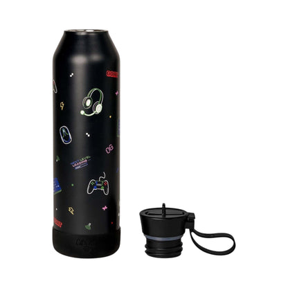 Lil Bunnies - The Collective 750ml black stainless steel water bottle with gaming icons and a detachable lid