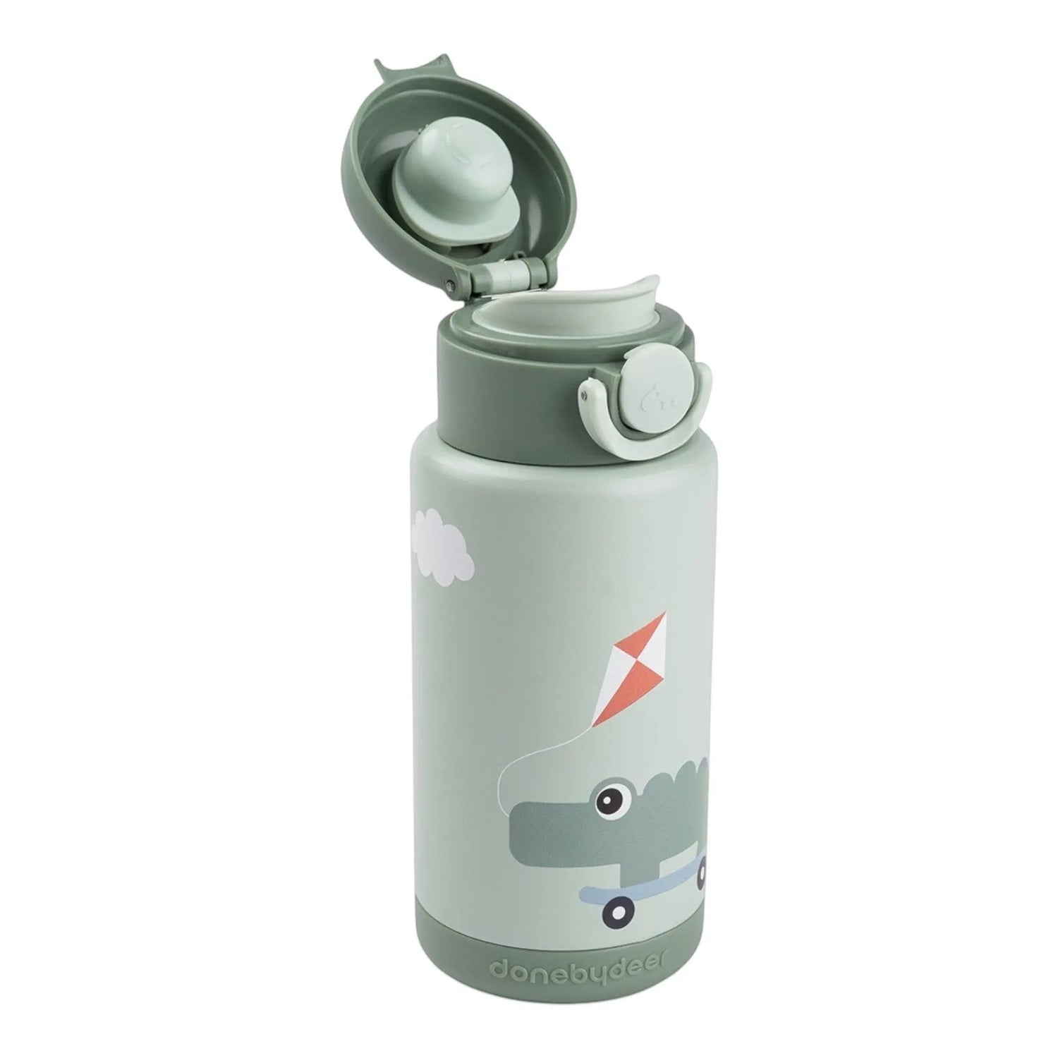 Lil Bunnies - The Collective green insulated kids water bottle with a crocodile kite graphic and open flip lid