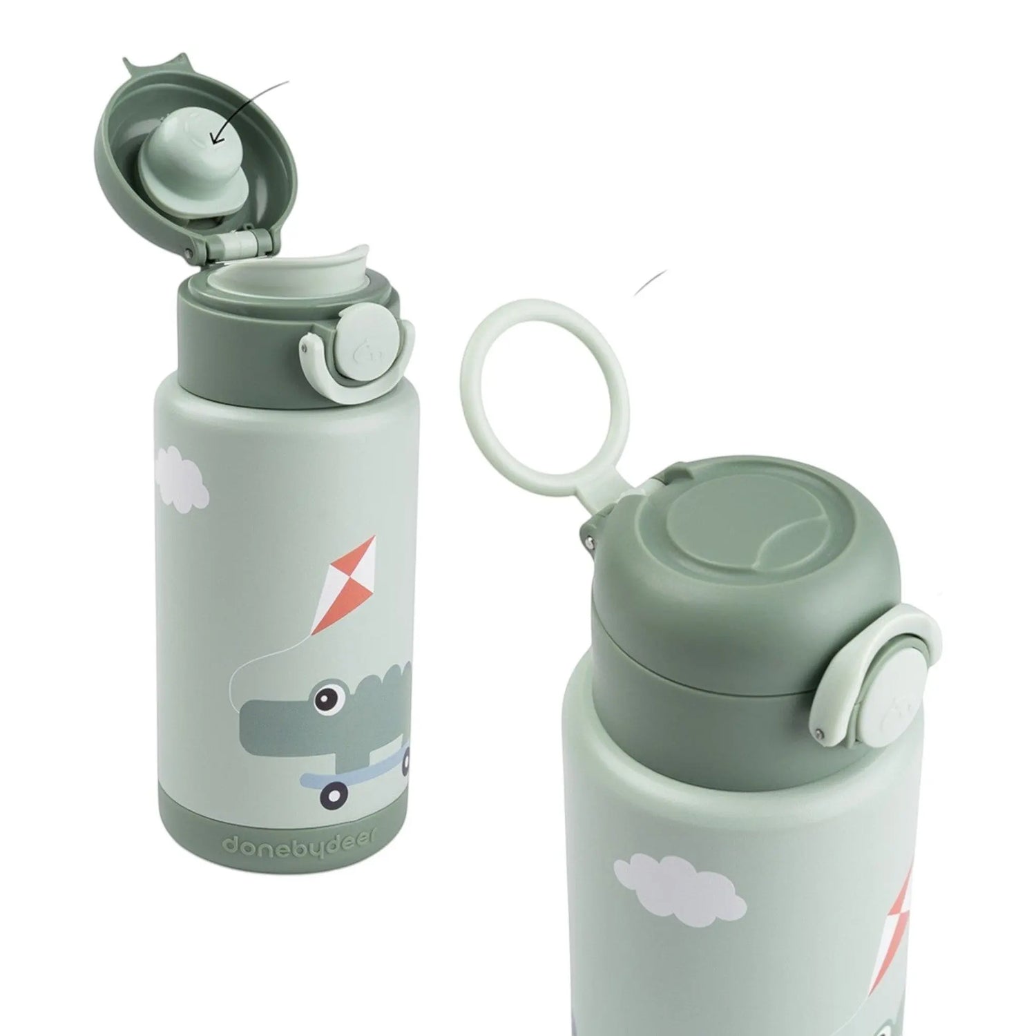 Lil Bunnies - The Collective green insulated bottle with a cute crocodile kite print and a convenient carry loop