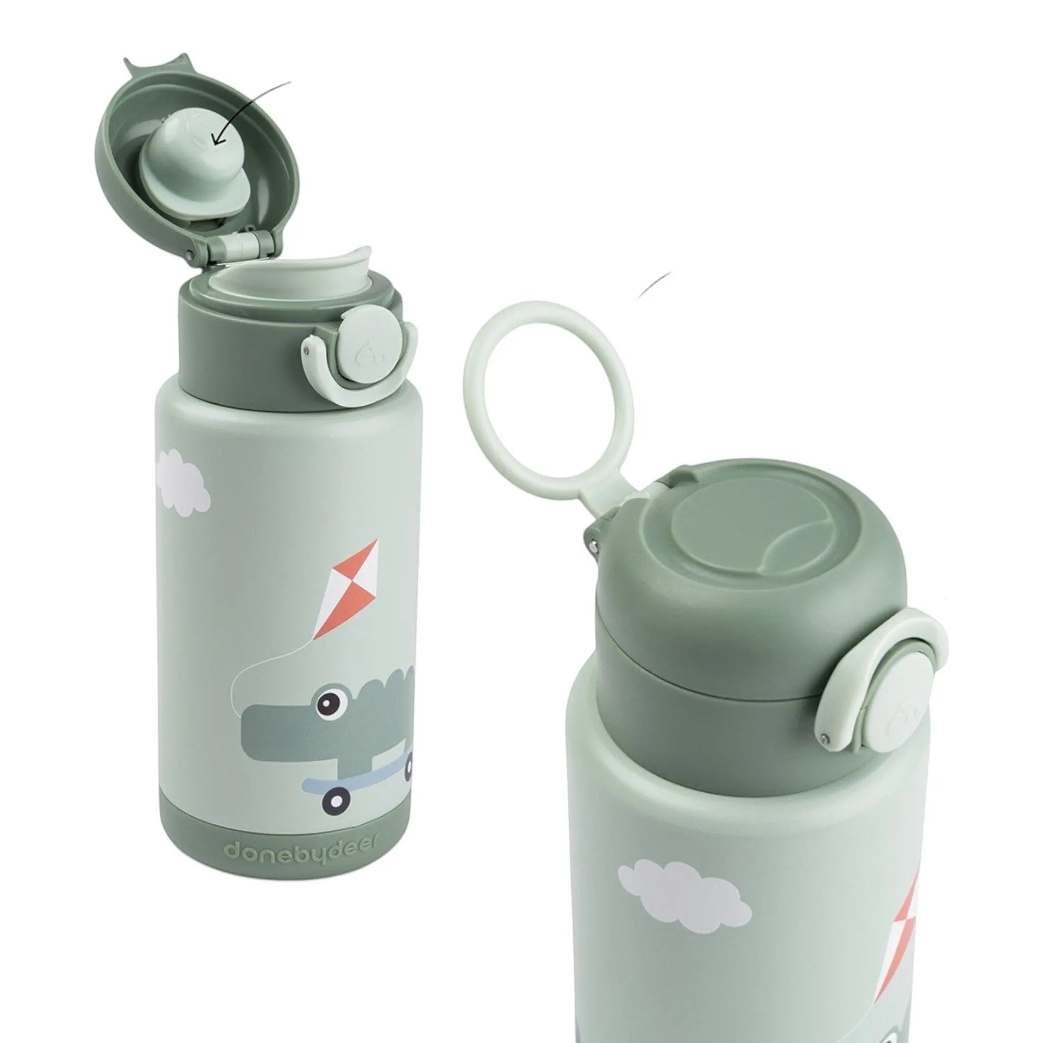 Lil Bunnies - The Collective green insulated bottle with a cute crocodile kite print and a convenient carry loop