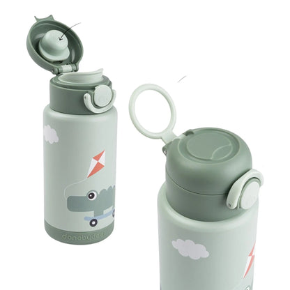 Lil Bunnies - The Collective green insulated bottle with a cute crocodile kite print and a convenient carry loop