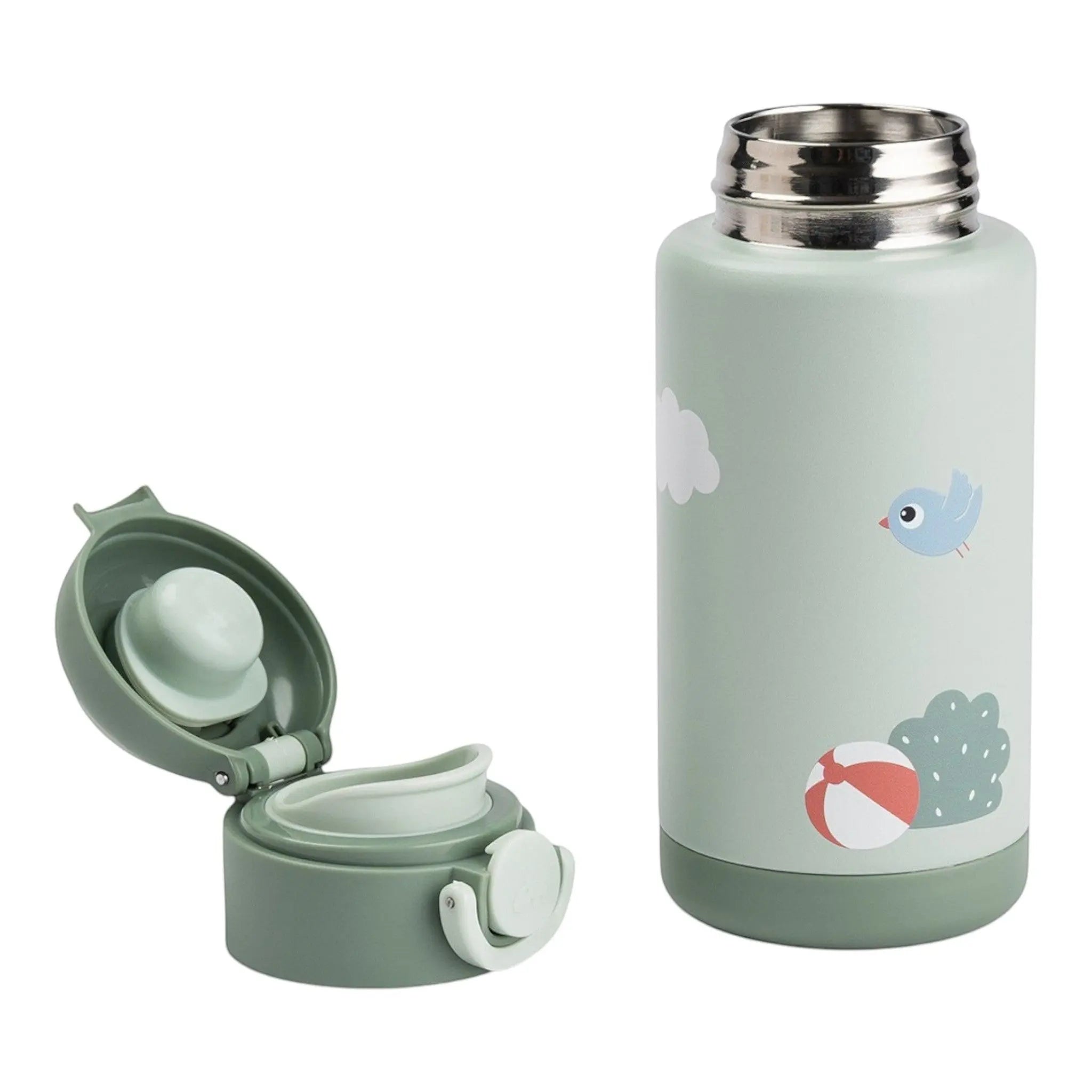 Lil Bunnies - The Collective insulated green water bottle with a cute bird and beach ball print and open lid