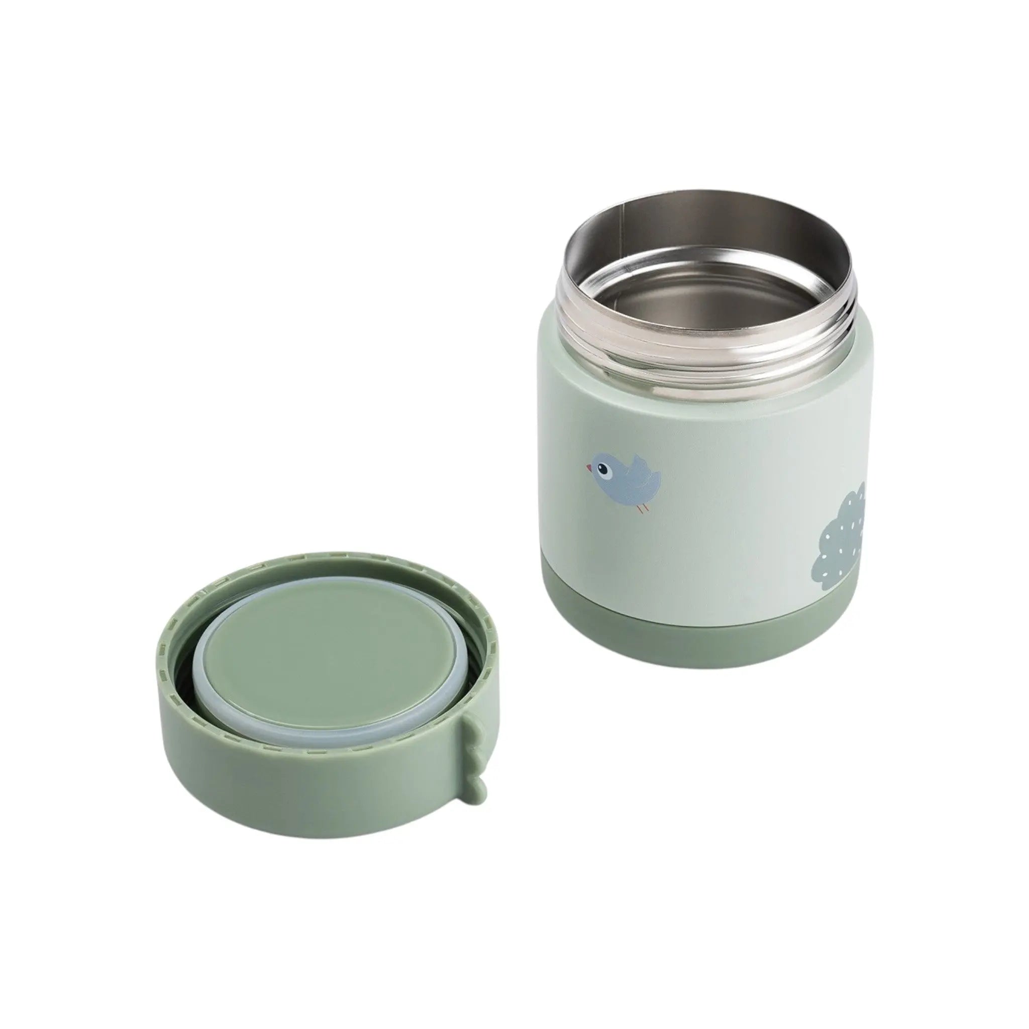 Lil Bunnies - The Collective green insulated food jar with a cute bird print and a matching screw-top lid.