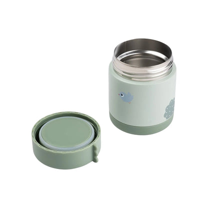 Lil Bunnies - The Collective insulated food jar in sage green with a cute bird print and matching screw-top lid.
