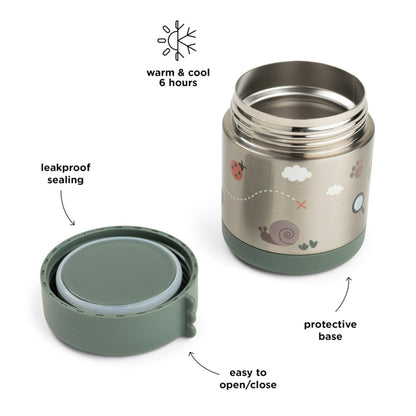 Lil Bunnies - The Collective 300ml insulated food jar in green with a cute snail and nature-themed print