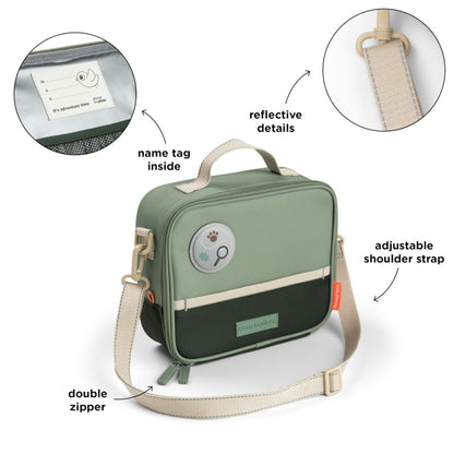 Lil Bunnies - The Collective green insulated 4L lunch bag with adjustable strap, reflective details, and name tag.