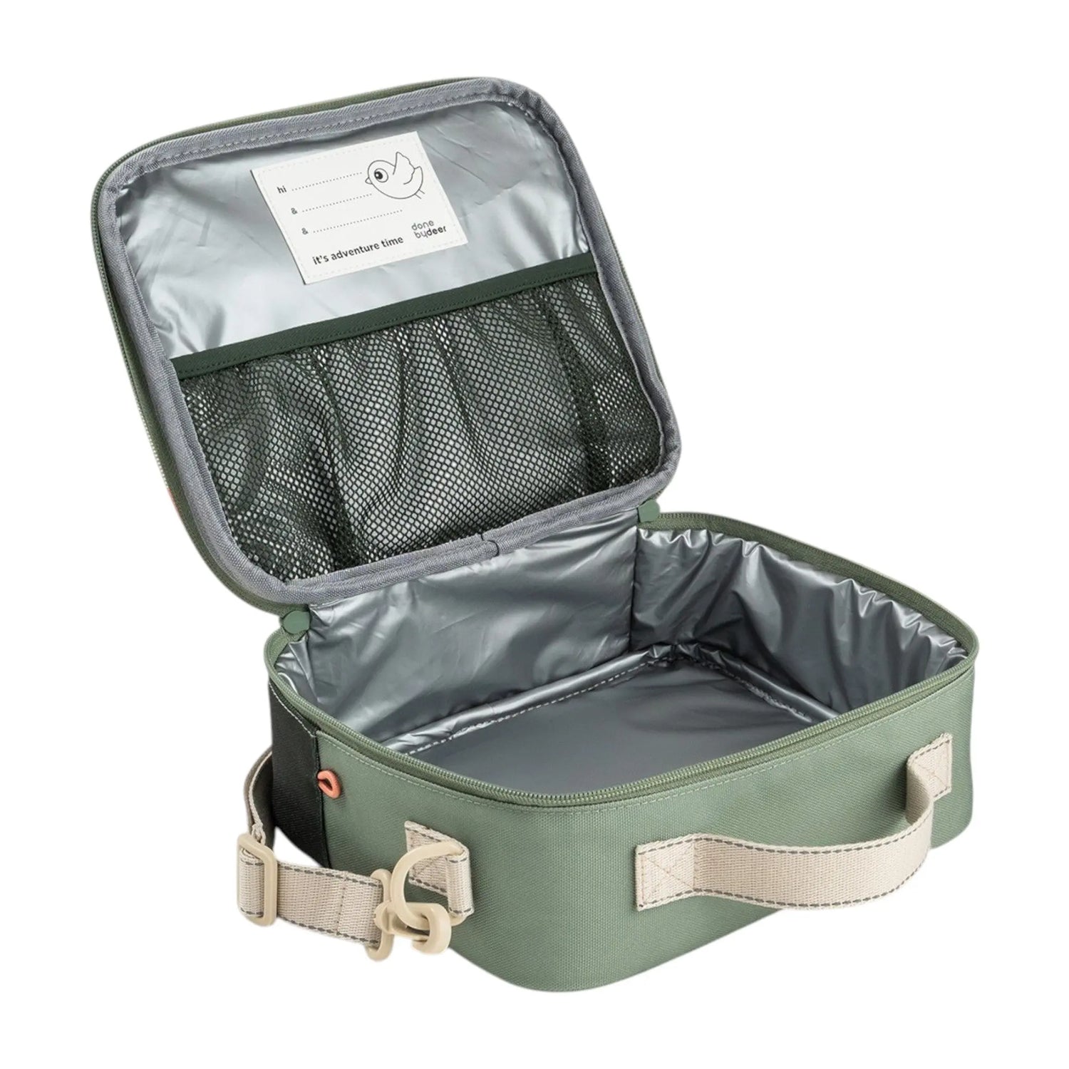 Lil Bunnies - The Collective green insulated 4L lunch bag with mesh pocket and name tag, open view.