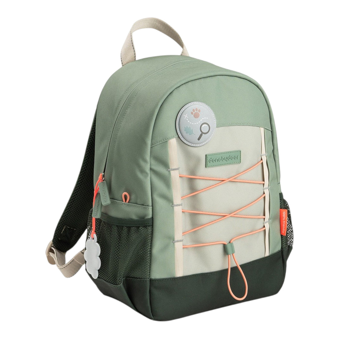 Lil Bunnies - The Collective Junior Backpack in green with 13L capacity, featuring front bungee cords and patches.