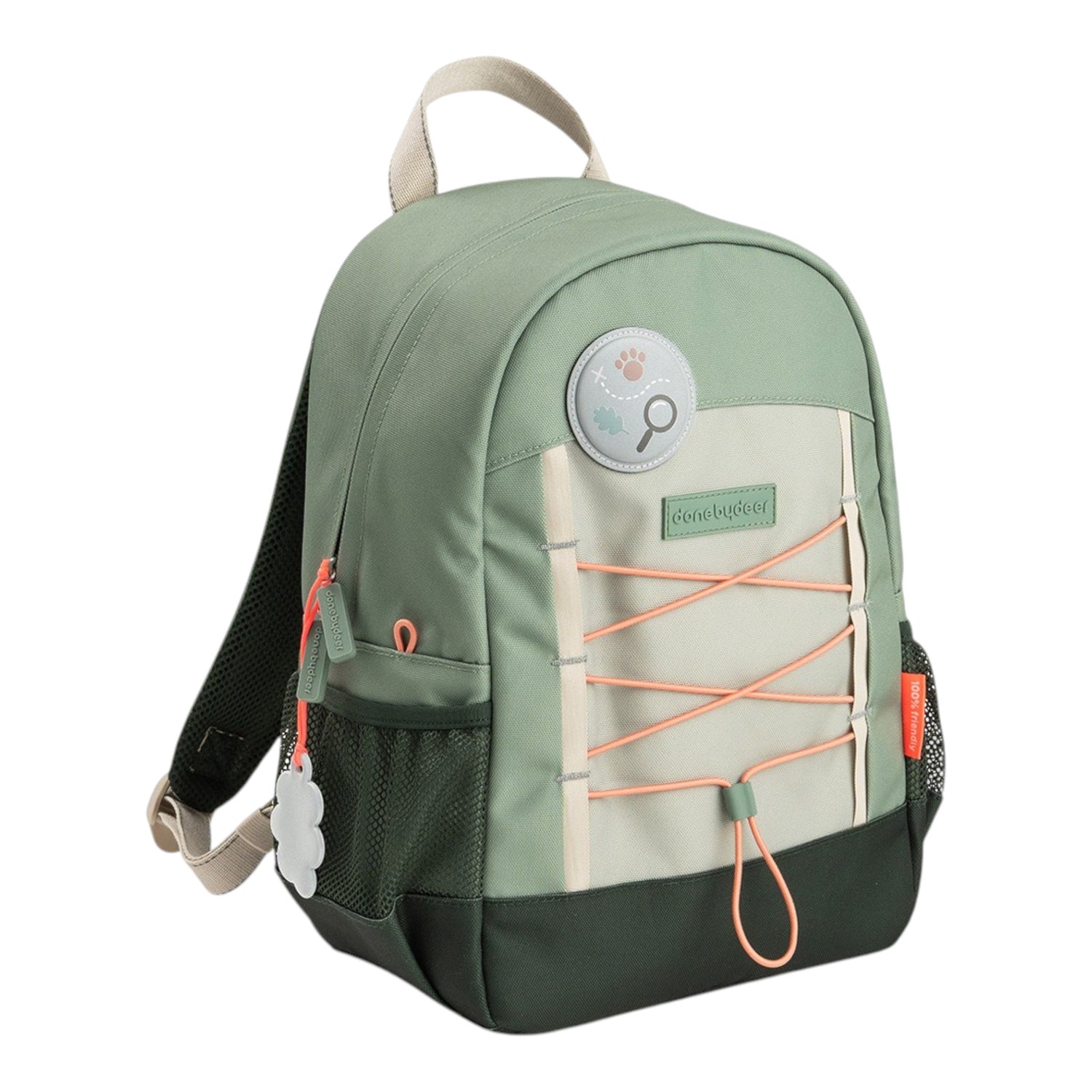 Lil Bunnies - The Collective Junior Backpack in green with 13L capacity, featuring front bungee cords and patches.