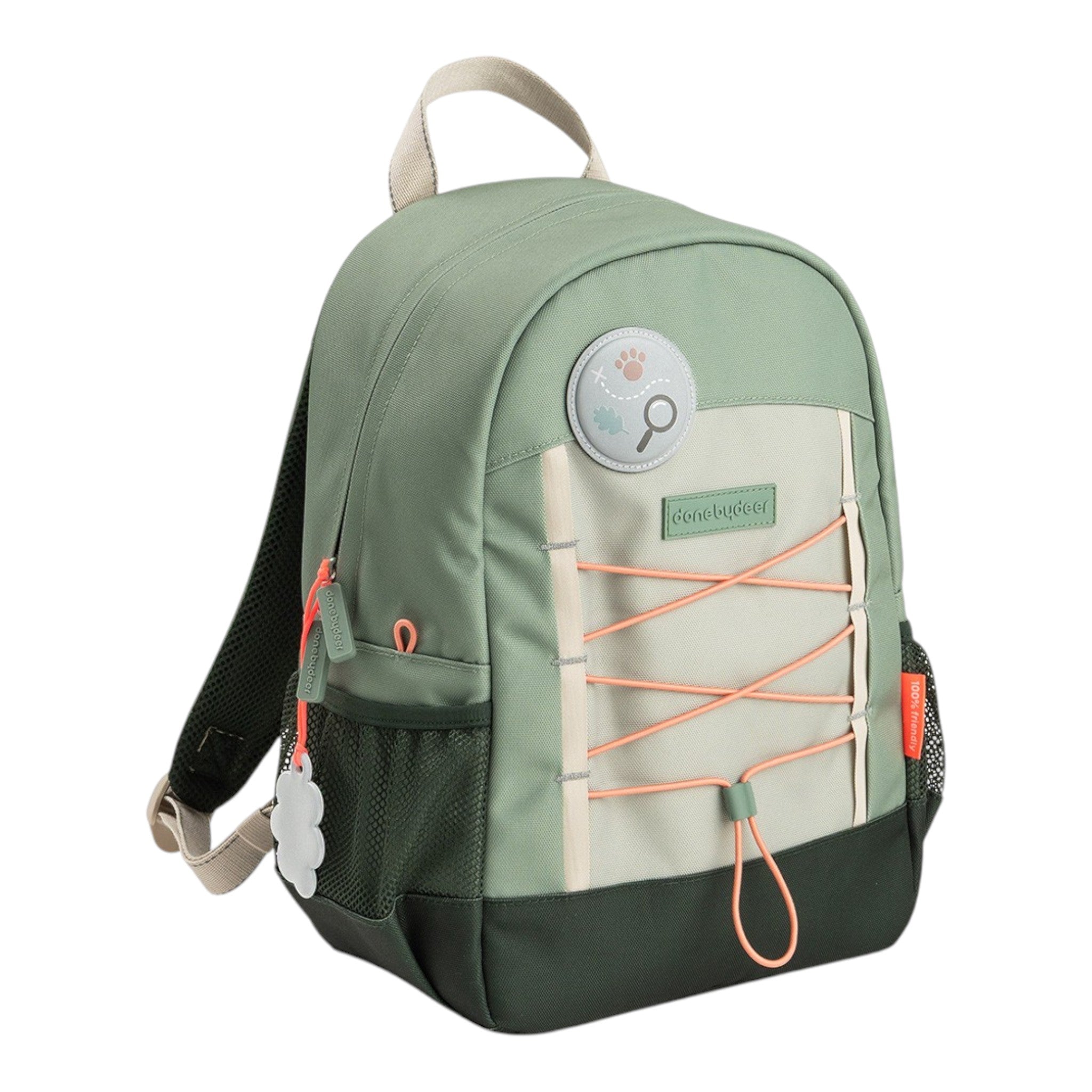 Lil Bunnies - The Collective Junior Backpack in green with 13L capacity, featuring front bungee cords and patches.
