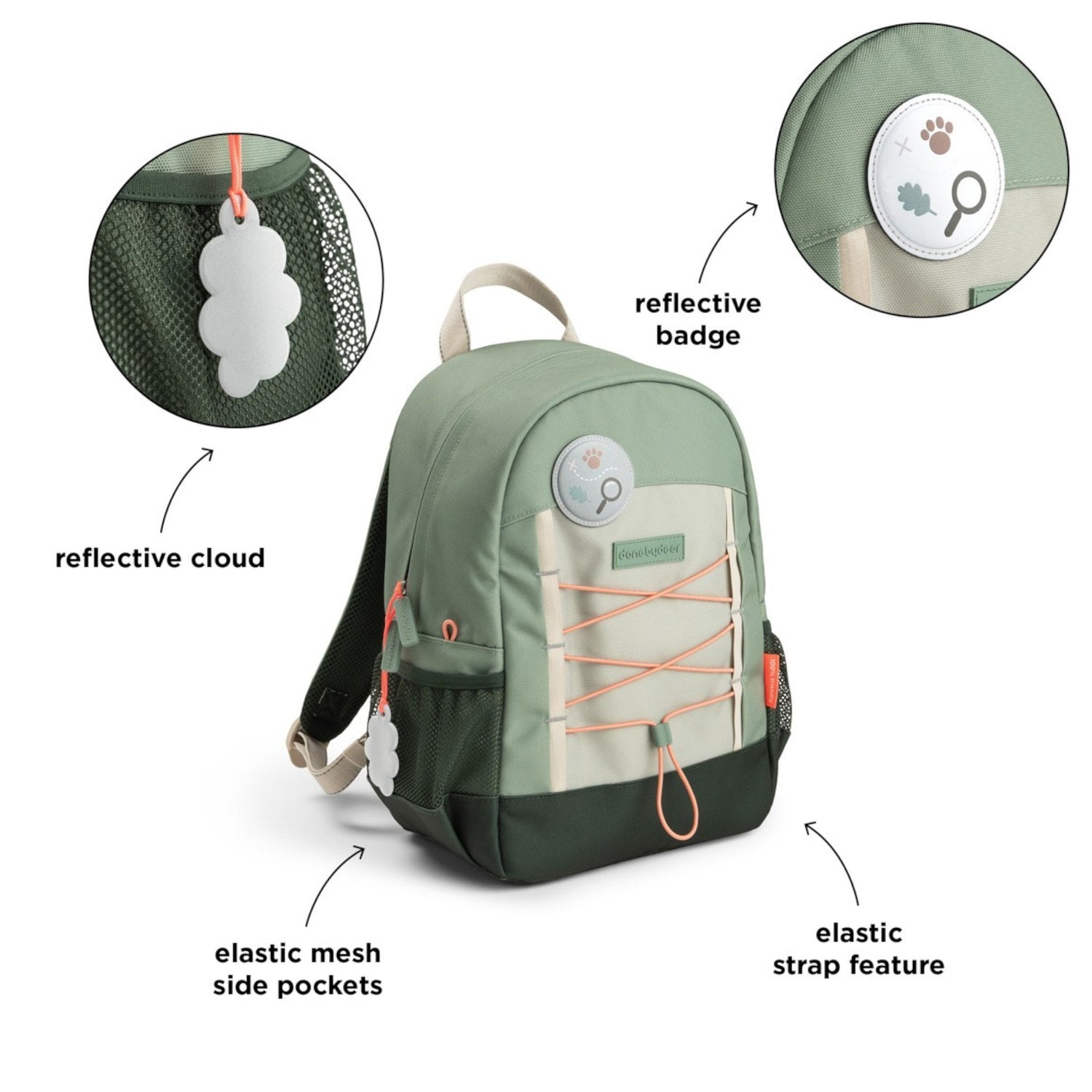 Lil Bunnies - The Collective Junior Backpack Tiny Trails in green with reflective badges, mesh pockets, and elastic cord