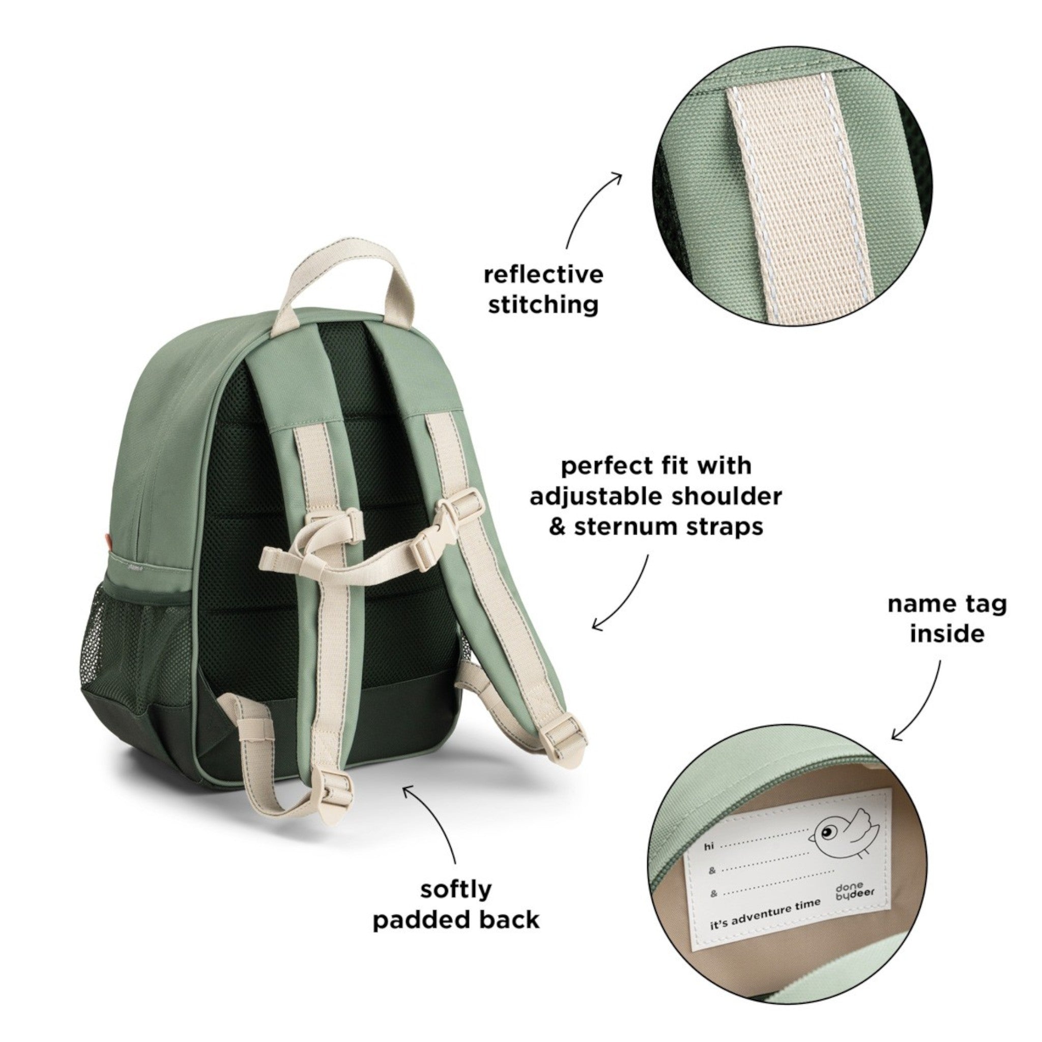 Lil Bunnies - The Collective Junior Backpack in green with adjustable straps, padded back, and reflective stitching.
