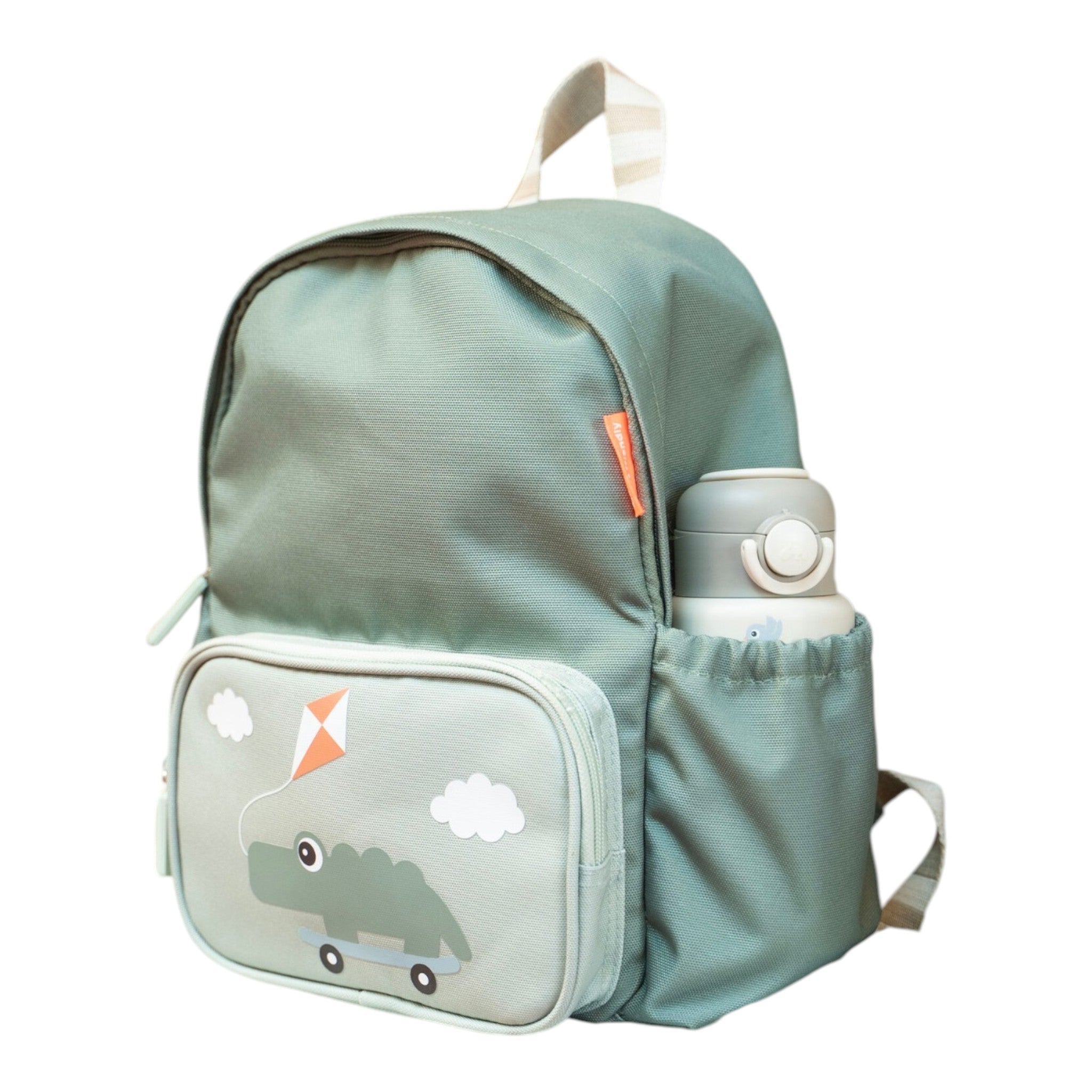 Lil Bunnies - The Collective green kids backpack with a cute crocodile on a skateboard print and side water bottle