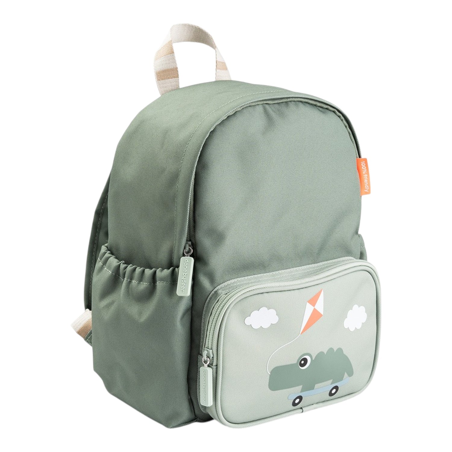 Lil Bunnies - The Collective green kids backpack featuring a cute crocodile on a skateboard graphic and side pockets