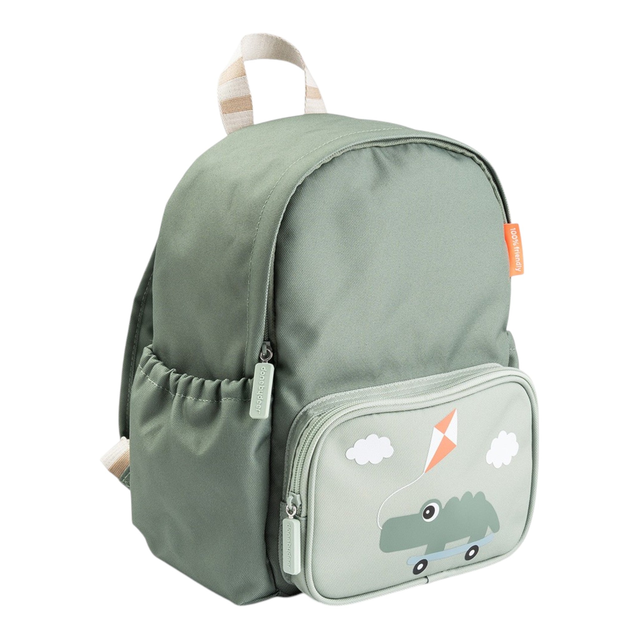 Lil Bunnies - The Collective green kids backpack featuring a cute crocodile on a skateboard graphic and side pockets