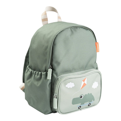 Lil Bunnies - The Collective green kids backpack featuring a cute crocodile on a skateboard graphic and side pockets