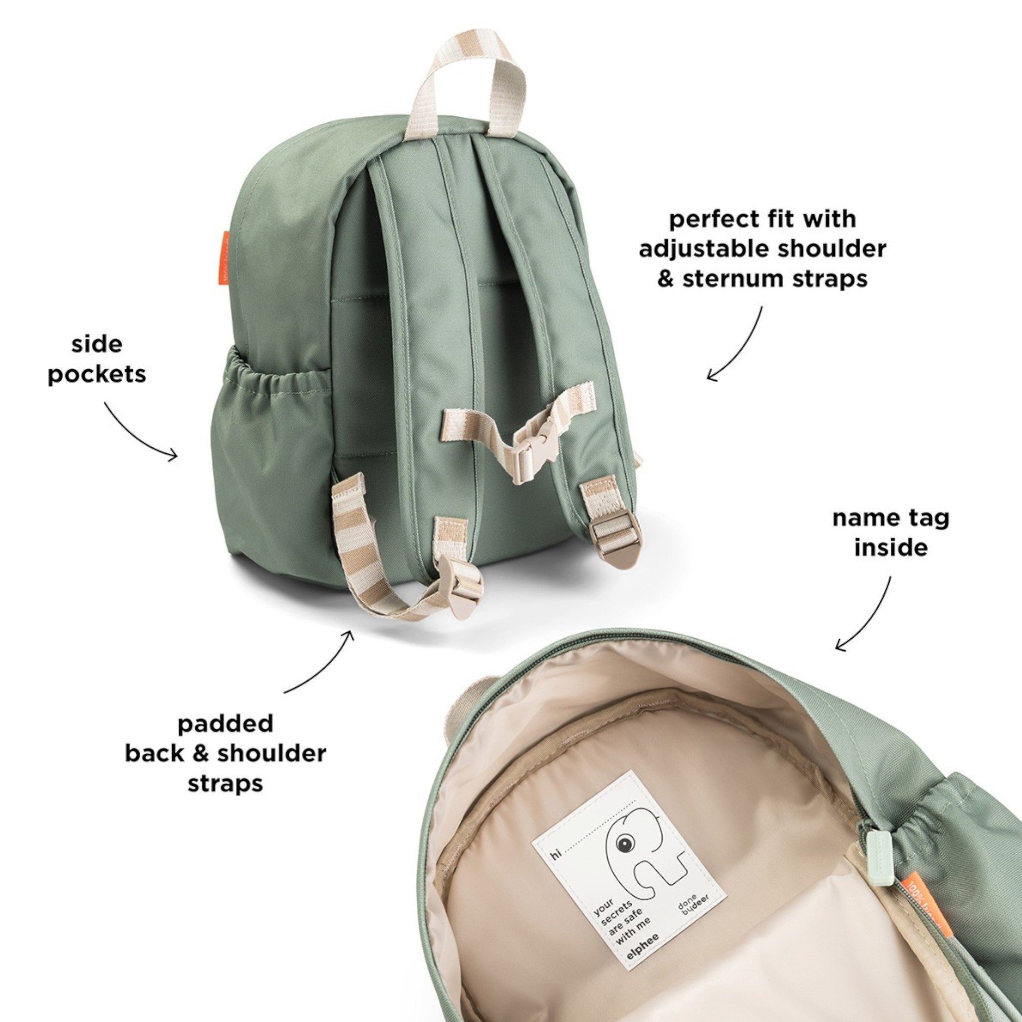 Lil Bunnies - The Collective green kids backpack with adjustable padded straps, side pockets, and interior name tag.