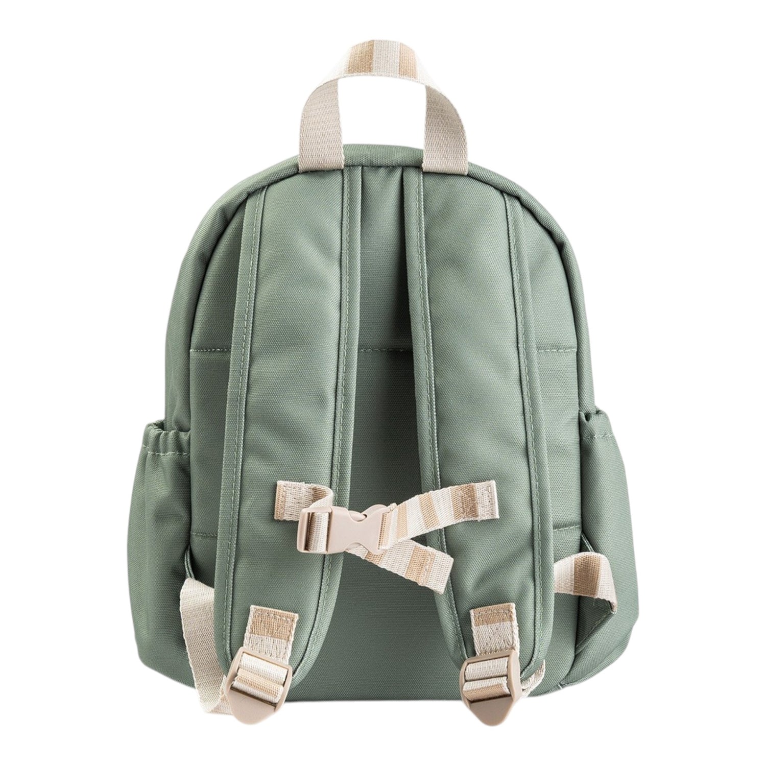 Lil Bunnies - The Collective kids backpack in sage green with beige striped straps and a chest buckle closure
