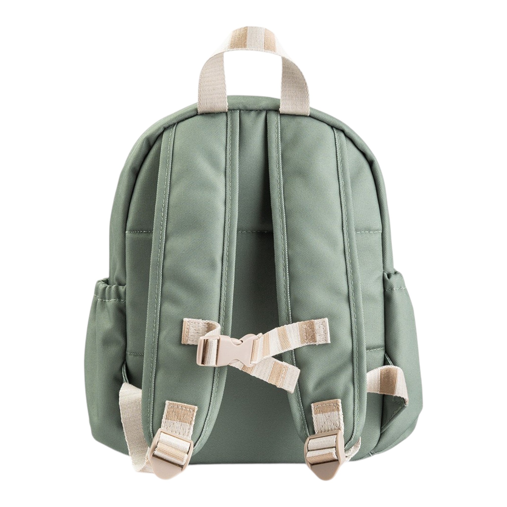 Lil Bunnies - The Collective kids backpack in sage green with beige striped straps and a chest buckle closure