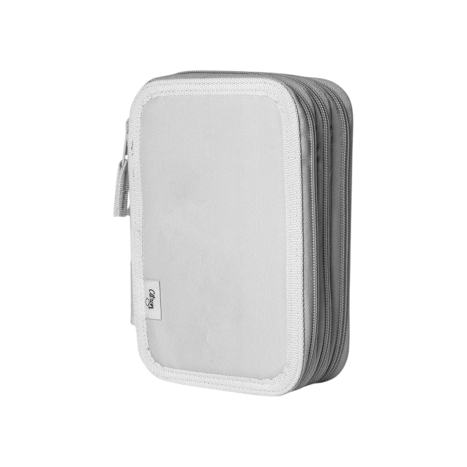 Lil Bunnies - The Collective layered pencil case in light grey with multiple zippered compartments for school supplies.