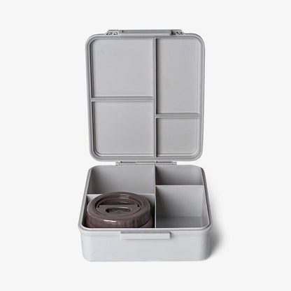 Lil Bunnies - The Collective grey 4-compartment lunch box with an included food jar, open view.