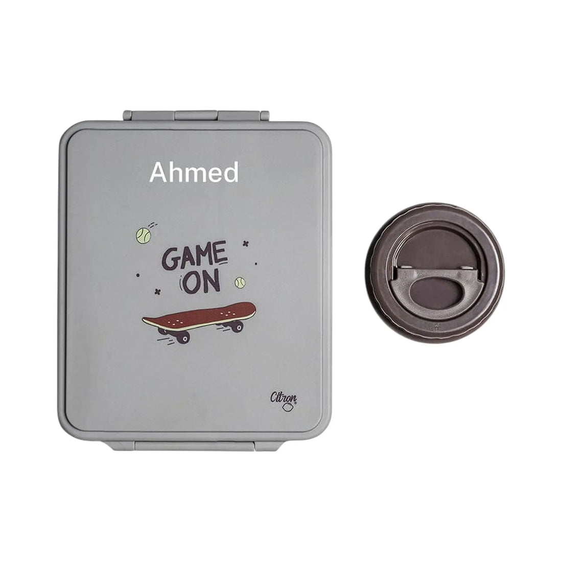 Lil Bunnies - The Collective grey 4-compartment lunch box with skateboard print and matching dark brown food jar