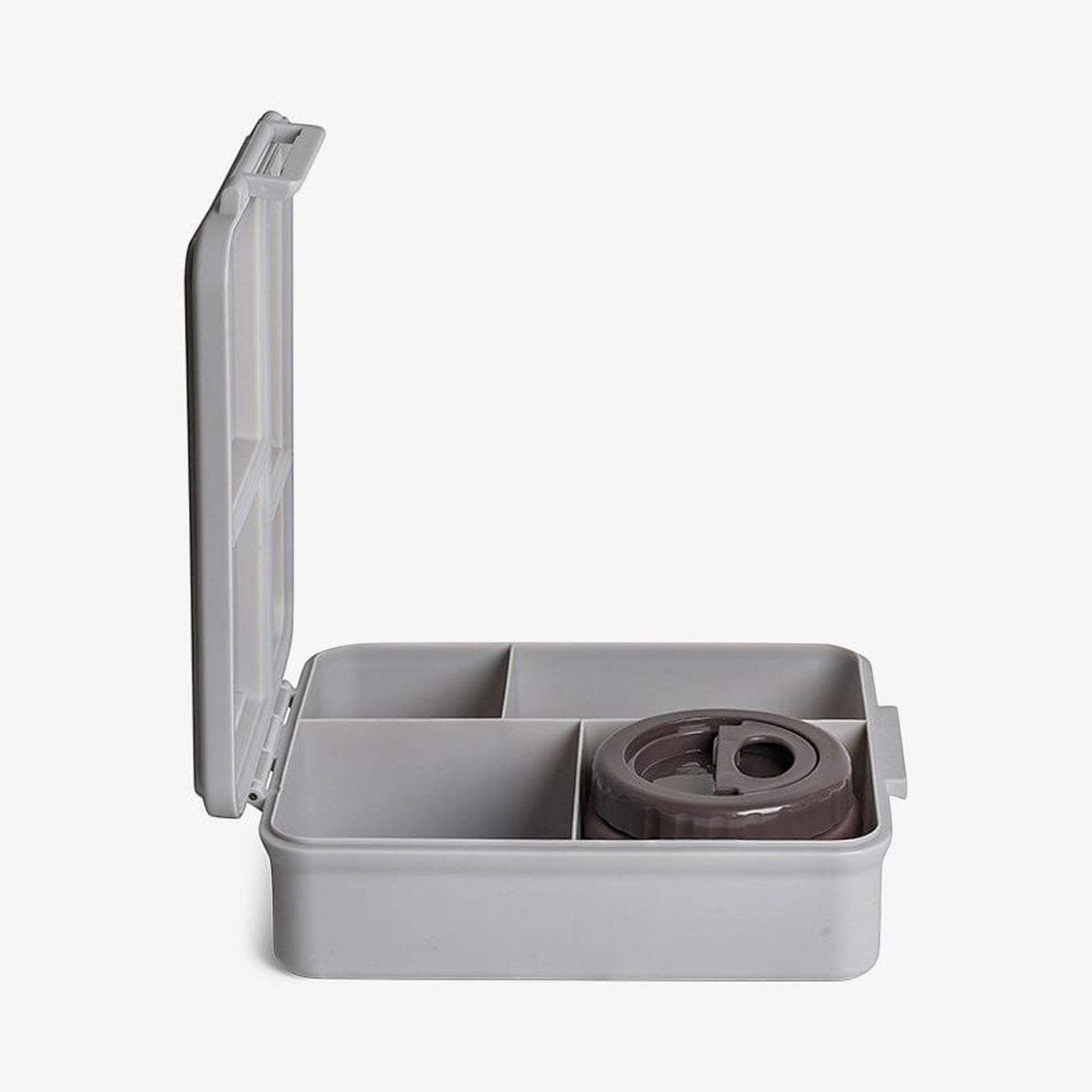 Lil Bunnies - The Collective grey 4-compartment lunch box with an included dark grey food jar, side view.