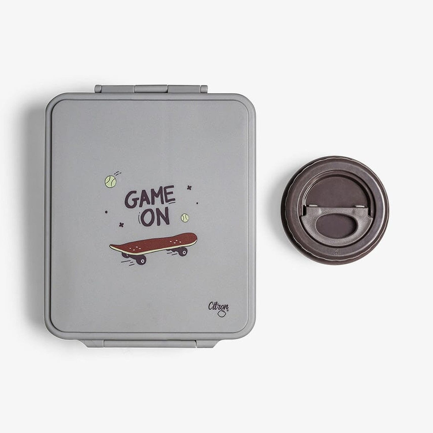 Lil Bunnies - The Collective grey 4-compartment lunch box with Game On skateboard print and matching food jar