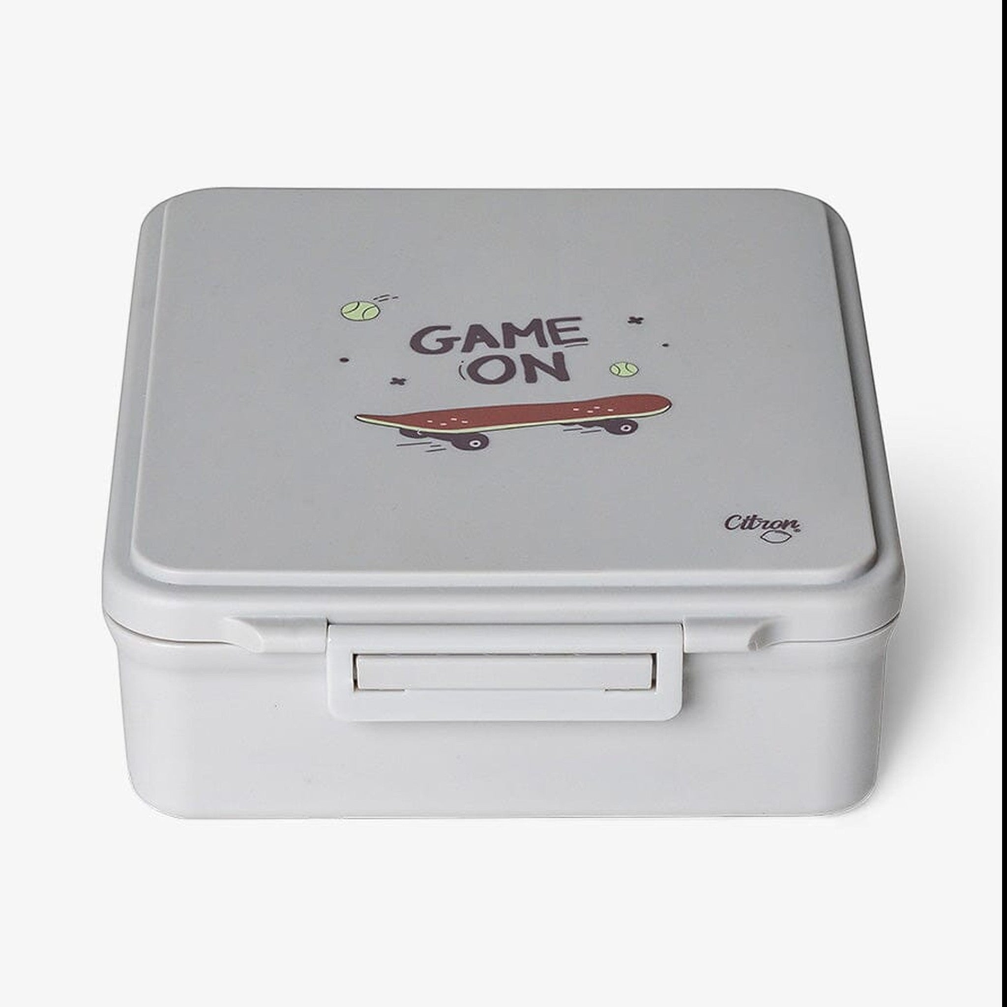 Lil Bunnies - The Collective grey 4-compartment lunch box featuring a Game On skateboard graphic and Citron logo.