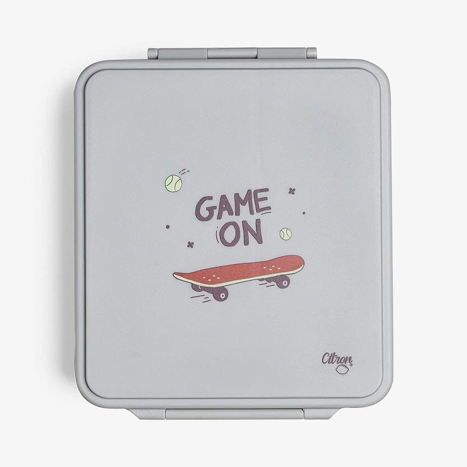 Lil Bunnies - The Collective grey 4-compartment lunch box featuring a skateboard and Game On graphic print