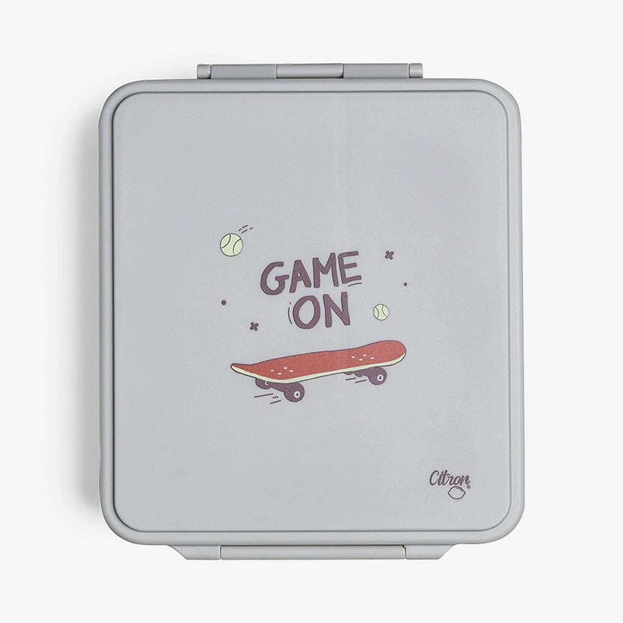 Lil Bunnies - The Collective grey 4-compartment lunch box featuring a skateboard and Game On graphic print