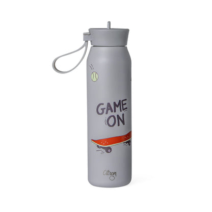 Lil Bunnies - The Collective 350ml grey stainless steel water bottle with Game On skateboard graphic