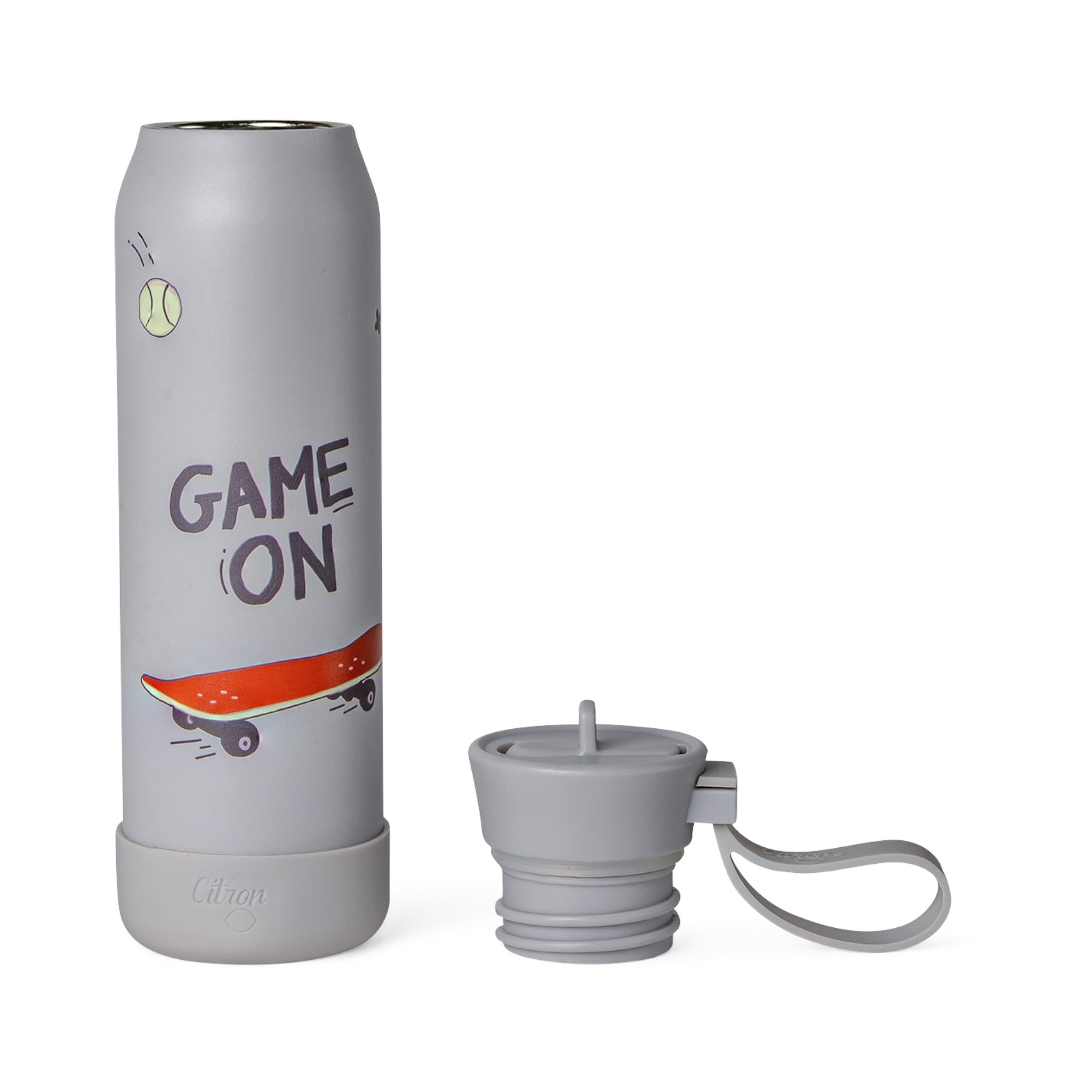Lil Bunnies - The Collective 350ml grey stainless steel water bottle with Game On skateboard print and carry loop